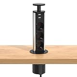 LEUTED 3 Fach Versenkbare Steckdose Überspannung, Versenkbare Steckdosenleiste mit USB, 1.8m Kabel, Schreibtisch Steckdose Versenkbar für Arbeitsplatte Küche Büro, Ø60 mm, Schwarz