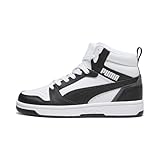 PUMA Unisex Kinder Rebound V6 Mid Jr Sneaker, Puma White Puma Black Shadow Gray, 38.5 EU