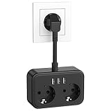 JEXPOWER 2 Fach Mehrfachsteckdose mit USB Schwarz Steckdose （250V/16A） Steckdosenleiste mit 3U, 5-In-1 Mehrfachstecker Für Doppelsteckdose