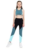 TiaoBug Mädchen Sport BH Jogginghose Sport Leggings Yoga Hose Trainingshose Sport Bustier ohne Bügel Yoga Fitness Training Bekleidung Set Grün Farbblock 134-140