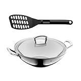 WMF Set 2-teilig Wok Induktion mit Glasdeckel 36 cm, Wokpfanne Induktion, Cromargan Edelstahl, spülmaschinengeeignet Pfannenwender Kunststoff 31 cm, Wender mit Ablage-Knick und Aussparungen