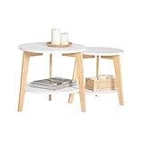 SoBuy FBT75-W 2er Set Beistelltisch mit runden Ablagen Couchtisch Sofatisch Kaffeetisch Wohnzimmertisch Kautschukholz Weiß/Natur