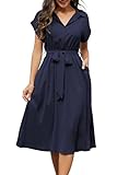 Cassiecy Sommerkleid Damen Knielang Kurzarm Blusenkleid Elegant V-Ausschnitt Midikleid Casual Wickelkleid Strandkleid mit Taschen（XXL,Marineblau）