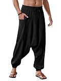 Runcati Herren Baumwolle Haremshosen Baggy Hippie Casual Leinen Yoga Hose Strand Tief Schritt Trouser Schwarz L