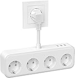 Mehrfachsteckdose mit USB, Doppelstecker für Steckdose, 7-in-1 Steckdosenadapter(250V/16A) mit Flexible Kable, 3 Fach Steckdosenleiste und 3 USB(5V/3.1A), für Büro, zu Hause, Reisen, Weiß