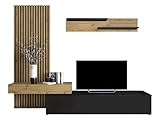 Mirjan24 Wohnwand Rakle Plus, Wohnmöbel, Elegante Wohnzimmer-Set mit dekorative Lamellen, Griffloses Öffnungssystem, Wohnzimmer Kollektion, Stilvolles TV-Lowboard (Schwarz/Artisan Eiche)