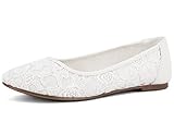 Greatonu Damen Geschlossene Ballerinas Brautschuhe atmungsaktiv Lace Flache Schuhe Weiß mit Futter Größe 39