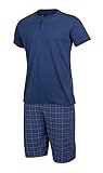 HEYO Schlafanzug Herren Kurz Pyjama aus Baumwolle Zweiteiliges Set Shorts T-Shirt (Dunkelblau Karriert, XL)