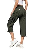 Hose Damen 3/4 Sommer Casual Cargohose Caprihose Jogginghose Comfy Stretch Leichte Outdoor Sport Reise Wanderhose Mit 6 Taschen (Armeegrün, L)