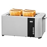 LEBENLANG Langschlitz Toaster 4 Scheiben mit Brötchenaufsatz - Touchscreen LED Display & 7 Stufen I 1400W 4er Langschlitztoaster Edelstahl Gebürstet I Smart Touch Toster für große Toastscheiben xxl