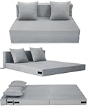 HAUSPROFI Schlafsofa mit Bezug aus Samtstoff & 2 Kissen, Bezug Abnehmbar, Waschbar, Klappmatratze mit Hochelastischer PU-Schwamm, Liegefläche 140CM x 200CM (Grau)