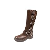 HUDFVIOI Kniehohe Winterstiefel Damenstiefel Kniehoch Plateau Elegant Niedrig Absatz Trend Punk Gothic(Brown,43)