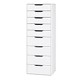 FOREHILL Kommode weiß mit 9 Schubladen, Schubladenschrank schmal, Hochkommode für Schalfzimmer, Wohnzimmer, Büro, Flur, 45 x 40 x 124,5 cm