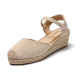 JOMIX Sandalen Damen Espadrilles Plateau Wedges Sandaletten mit Geschlossene Elegant Keilsandalen Leicht Sommer Strandsandalen (Beige, 38 EU)