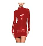 100% Latex Long Sleeve Sheath Dress, Slim Fit, Front Zipper, Bodycon Dress, Club Streetwear,red,S