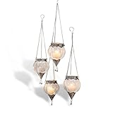 Loberon Hängewindlicht 4er Set Matré, Bezaubernder Vintage-Charakter, orientalisches Flair, romantischer Look, für Teelichter, Indoor und Outdoor, Glas, Messing, antiksilber/klar