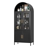 SUPEER Vitrine aus Metall Sideboard Standschrank mit Bogendach,Vitrinenschrank Küchenschrank mit 2 Glasstür und 2 Die Metalltür, Glasvitrine Schrank für Wohnzimmer Schlafzimmer, 185x80x40 cm（schwarz）