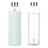LOOFORE Glasflasche 1 liter / 1L, Trinkflasche aus Glas 1000ml inkl. Neoprenhülle, BPA freie, Trinkflasche Spülmaschinenfeste, Water Bottle für kohlensäurehaltige Getränke, Mintgrün