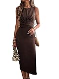 Jiraewh Damen ärmelloses Sommerkleid Bodycon Enges Bleistiftkleid Figurbetontes Elegantes Hochzeitsgast Midi Tank Kleider Mit Gürtel (L,Kaffee)
