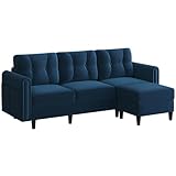Yaheetech Ecksofa 3-Sitzer Sofa mit Polsterhocker aus Samtstoff Eckcouch in L-Form Rechts/Links fürs Wohnzimmer/Schlafzimmer/Wohnung, Blau