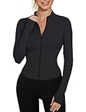 IECCP T Shirt Damen Sport Crop Top Langarm Sportshirt Yoga Fitness Oberteile Leicht Laufshirt Trainingsshirt Running Tops mit Daumenlöcher Schwarz M