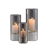 Candeldo Windlicht Glas Glaszylinder Kerzenständer: 3er Set Schwarz Kerzenhalter Groß Windlicht Outdoor Deko Tisch Wohnzimmer Garten Vase Modern Windlichter Draußen und Drinnen Stumpenkerze Teelicht