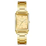 JewelryWe Damenuhr Rechteckige Uhr Damen: Klassische Datum Kalender Analog Quarz Armbanduhr Frauen Gold Metallarmband Geschäft Lässige Uhr mit Römischen Ziffern Eckigem Zifferblatt