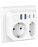 6 in 1 Steckdosenleiste mit 4 USB (2 Typ-C), Doppelstecker für Steckdose, 2 Fach Mehrfachstecker mit Schalter für Phone und Haushaltsgeräte, Weiß