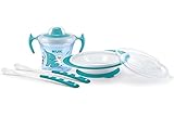 NUK Kindergeschirr Set mit Trainer Cup Trinklernbecher | Ess-Lernschale mit 2 Deckel & Baby Fütterlöffel (x2) | 6+ Monate | Blau