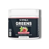 Vital 1 Greens mit 7 Bakterienkulturen, 5 grünen Superfoods und Vitaminen & Mineralstoffen, Monatspackung 150g, Erdbeer-Basilikum-Geschmack, Getränkepulver
