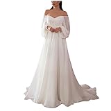 Abendkleider Elegant Für Hochzeit Lang Chiffon Hochzeitskleid Weiß Maxikleid Damen Schulterfrei Brautjungfernkleider Langarm Ballkleid Damen Lang Cocktailkleid Damen Rückenfrei A Linie