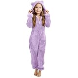 QJDFLL Mädchen Kapuzenpyjama mit Ohren Winter Warm Fleece Nachtwäsche für Kinder Gemütliche Kostüm Loungewear(Lila,4-5 Jahre)