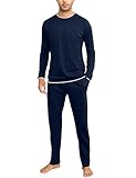 Aseniza Herren Schlafanzug Lang Pyjama Baumwolle Winter Zweiteilige Pyjamas mit Langarmshirt und Schlafanzughose für Männer,Blau,M