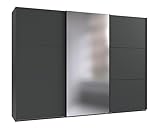 Moderner 3-türiger Schwebetürenschrank B300/H216/T65 cm in Anthrazit mit Spiegel mit schwarzen Griffleisten, inkl. Selbsteinzug, Einlegeböden, Kleiderstangen, Schubladen, Wäscheeinteilung / 22021