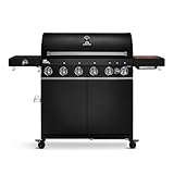 BURNHARD 6-Brenner Gasgrill Fat FRED Deluxe BLACK 2023 inkl. Backburner, 900°C Infrarot-Keramikbrennern, Seitenkochfeld, Gusseisen-Grillrost, Grillabdeckung, Grillwagen + klappbare Seitentische