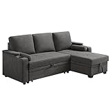 VASAGLE Schlafsofa, Schlafcouch, Bettsofa mit Stauraum, Polstermöbel, Bezug aus Baumwoll-Leinen-Mischgewebe, Becherhalter, modern, Gästezimmer, grau LCS801G01