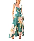 TACSTRUN Frauen Sommer Kleider Hawaiian Floral Ärmellose Maxi Kleid Casual Spaghetti Strap Flowy Strand Langes Kleid,Grün,L