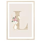 MeinBaby123® Buchstaben Poster DIN A4 Kinderzimmer Mädchen und Junge | Babyzimmer Deko | Bilder Kinderzimmer | Geschenkideen zur Geburt | Geburtsposter | Anfangsbuchstabe Poster L (Hase - L)