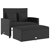 vidaXL Gartensofa mit Kissen 2-Sitzer, Outdoor Sofa mit Hocker mit Staufach, Couch mit abnehmbarm Bezug, Gartebmöbel Gartengarnitur, Schwarz Poly Rattan