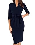 GRACE KARIN Etuikleid für Damen 3/4-Ärmel V-Ausschnitt Midi-Bleistiftkleider mit Gürtel Formelle Cocktailparty Arbeit Figurbetonte Kleider Elegantes Langes Kleid L Marineblau