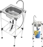 HuKaiL Freistehende Edelstahl Spültisch, Küchenspüle Kühle Spülenschrank mit 360° Wasserhahn und Horizontale Brett, Gewerbliche Spülbecken Komplettspüle mit 60Kg Tragkraft, 38 * 33 * 83cm