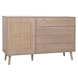 Sideboard HWC-M43, Schrank Kommode Highboard, Schubladen Staufach, Kubu Rattan Holz Melamin, Eiche-Optik