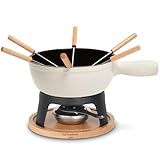 La Fonderie 1890 Fondue-Set aus Gusseisen für 6 Personen Mont Blanc, Käse- und Schokoladenfondues, 6 Gabeln mit Buchenholzgriffen, Sockel aus Naturholz, Kapazität 1,8L