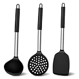 TEAMFAR Küchenhelfer Set, 3 Stück Silikon Pfannenwender Küchenutensilien Set mit Edelstahlgriff, Hitzebeständiger Antihaft Schwarz Kochbesteck zum Kochen/Backen, Leicht zu Reinigen & Spülmaschinenfest