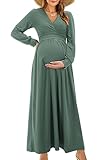 OUGES Damen Stillkleid Maxi Umstandskleid Festlich Lange Ärmel Wrap V Neck Schwangerschaftskleid für Fotoshooting-M