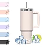 WATERSY 40oz Kaffeebecher to Go Thermobecher Doppelwandiger Edelstahl Vakuum Auslaufsicher Trinkbecher mit Griff und Strohhalm, Tragbare Autobecher Thermal Tumbler Hellbeige für Kalte Heiße Getränke