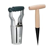 Relaxdays Blumenzwiebelpflanzer, 2er Set, Setzholz & Zwiebelpflanzer, Blumenzwiebeln Pflanzen, Metall & Holz, Mehrfarbig