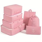 Kofferorganizer Packtaschen Set, 7-Teilig Travel Essentials Packing Cubes Set, Wasserdichte Reise Kleidertaschen, Reiseorganizer Packwürfel für Kleidung, Unterwäsche, Kosmetik, Zubehör (Rosa)