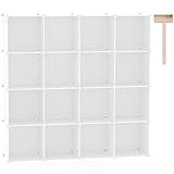 C&AHOME Würfelförmiges Aufbewahrungsregal, 16-Würfel-Regaleinheiten, Schrank, DIY-Modulregal aus Kunststoff, ideal für Schlafzimmer, Wohnzimmer, Büro, 122 cm L x 31 cm B x 122 cm H, milchig, UPCS16M
