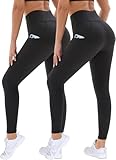 DDOBB 2er Pack Sport Leggings Damen High Waist Sportleggins Damen Lang Mit Taschen Gym Leggins Blickdicht Schwarz Sporthose Elastische Bauchweg Yogahose Fitness Laufhose(Schwarz*2,S-M)